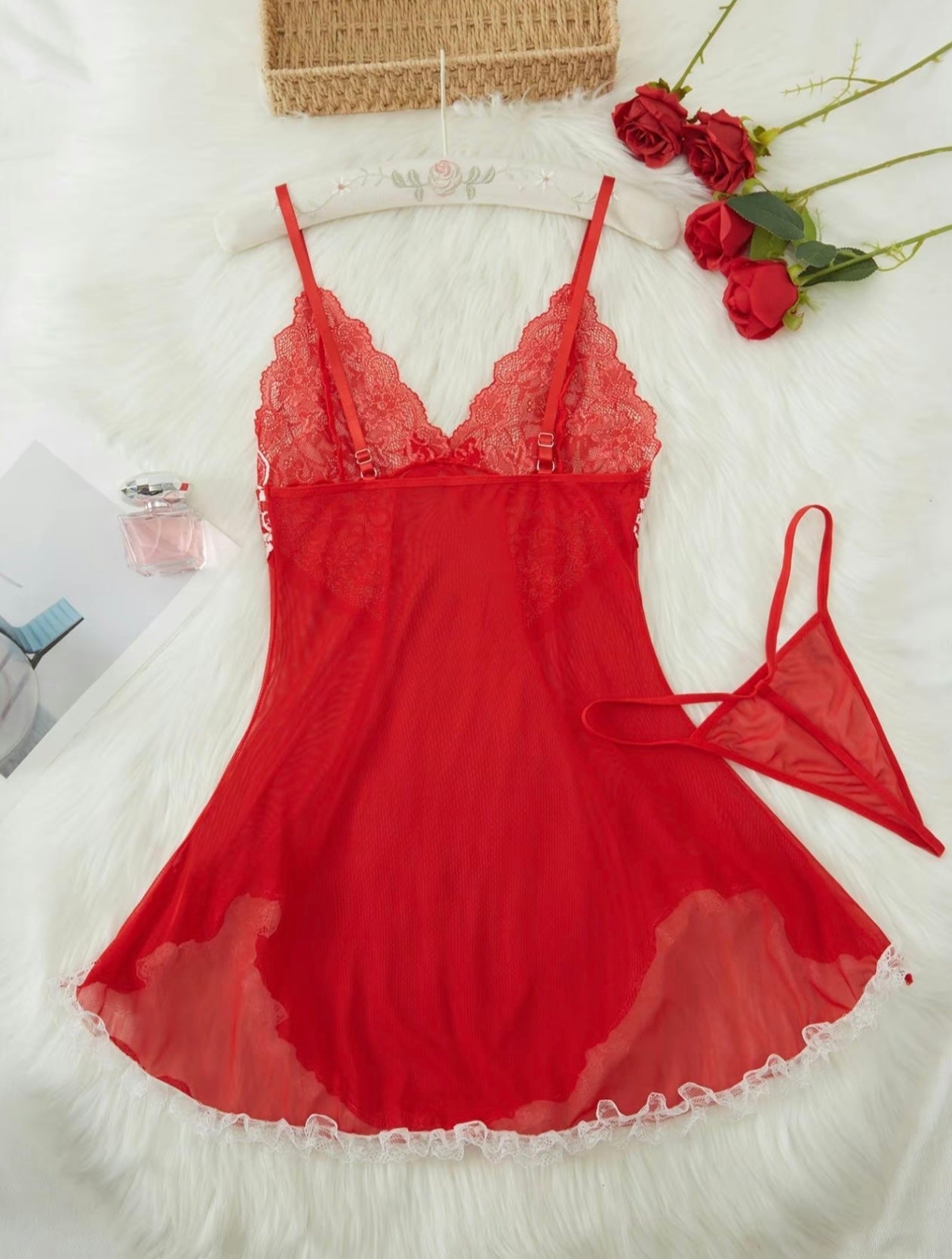 Women’s Contrast Lace Bow Decor Cami Nightdress with Thong - Romantic Spaghetti Strap Backless Nightgown, Sleepwear for All Seasons