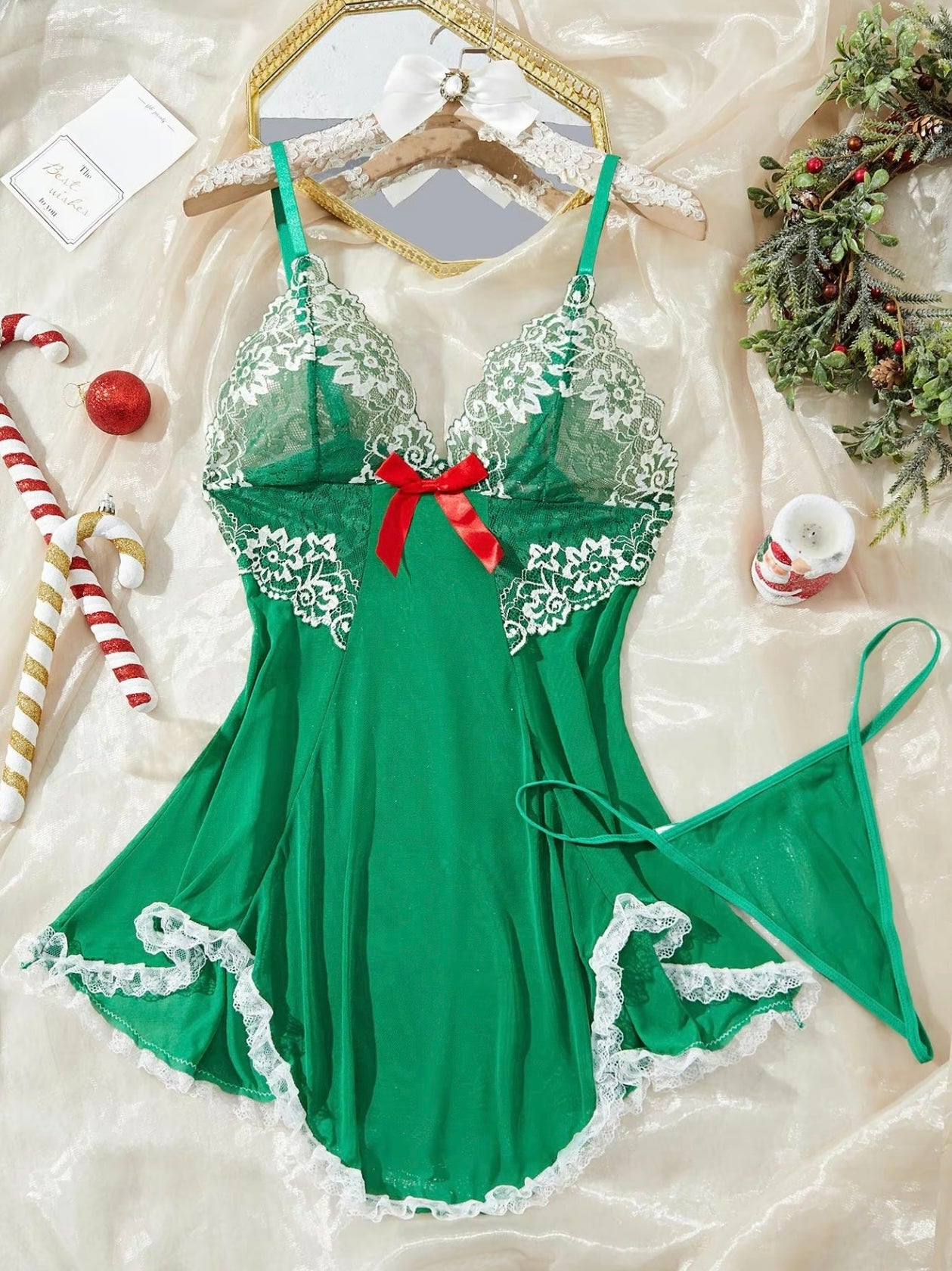 Women’s Contrast Lace Bow Decor Cami Nightdress with Thong - Romantic Spaghetti Strap Backless Nightgown, Sleepwear for All Seasons