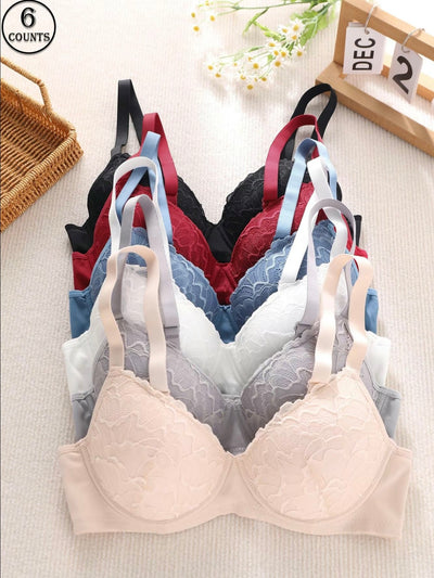 Women’s Contrast Lace Push-Up Bra 6-Pack – Adjustable Strap, Underwire, Comfortable Breathable Lingerie
