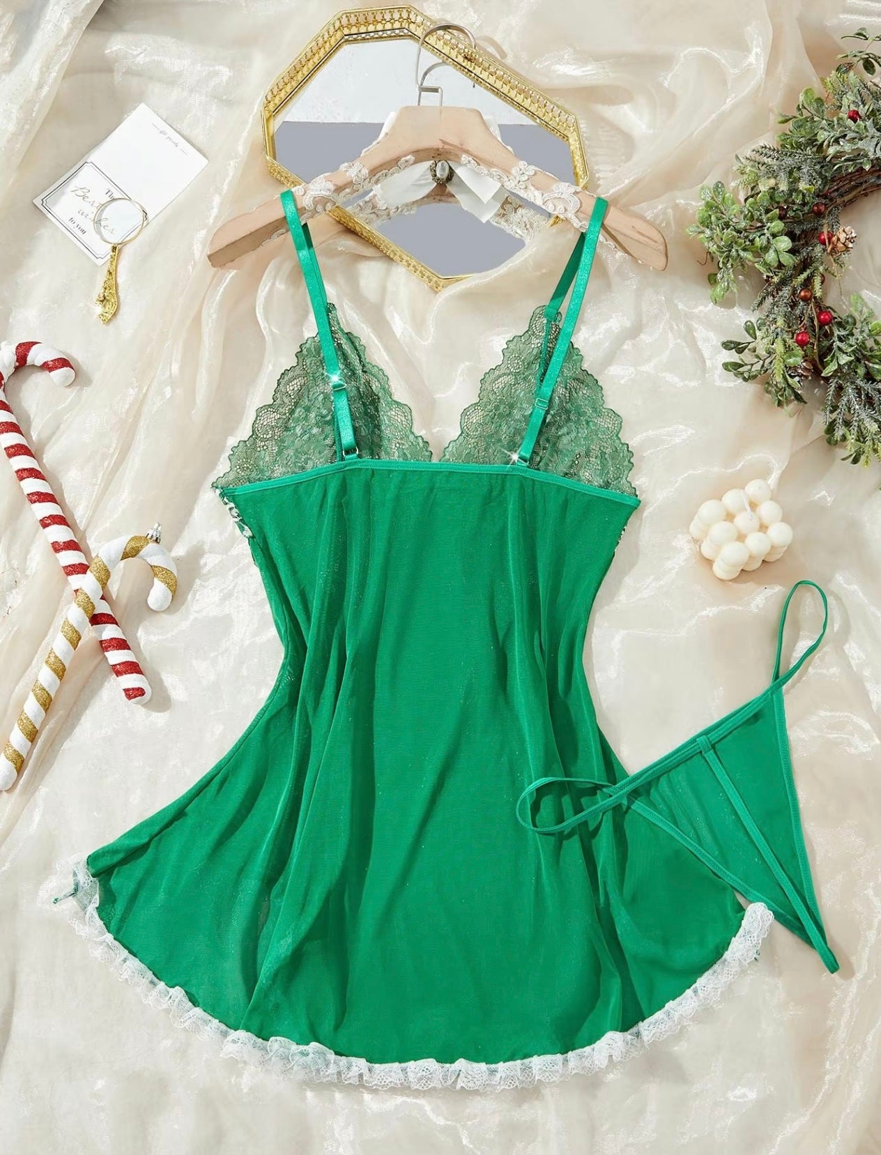 Women’s Contrast Lace Bow Decor Cami Nightdress with Thong - Romantic Spaghetti Strap Backless Nightgown, Sleepwear for All Seasons