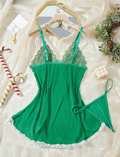 Women’s Contrast Lace Bow Decor Cami Nightdress with Thong - Romantic Spaghetti Strap Backless Nightgown, Sleepwear for All Seasons