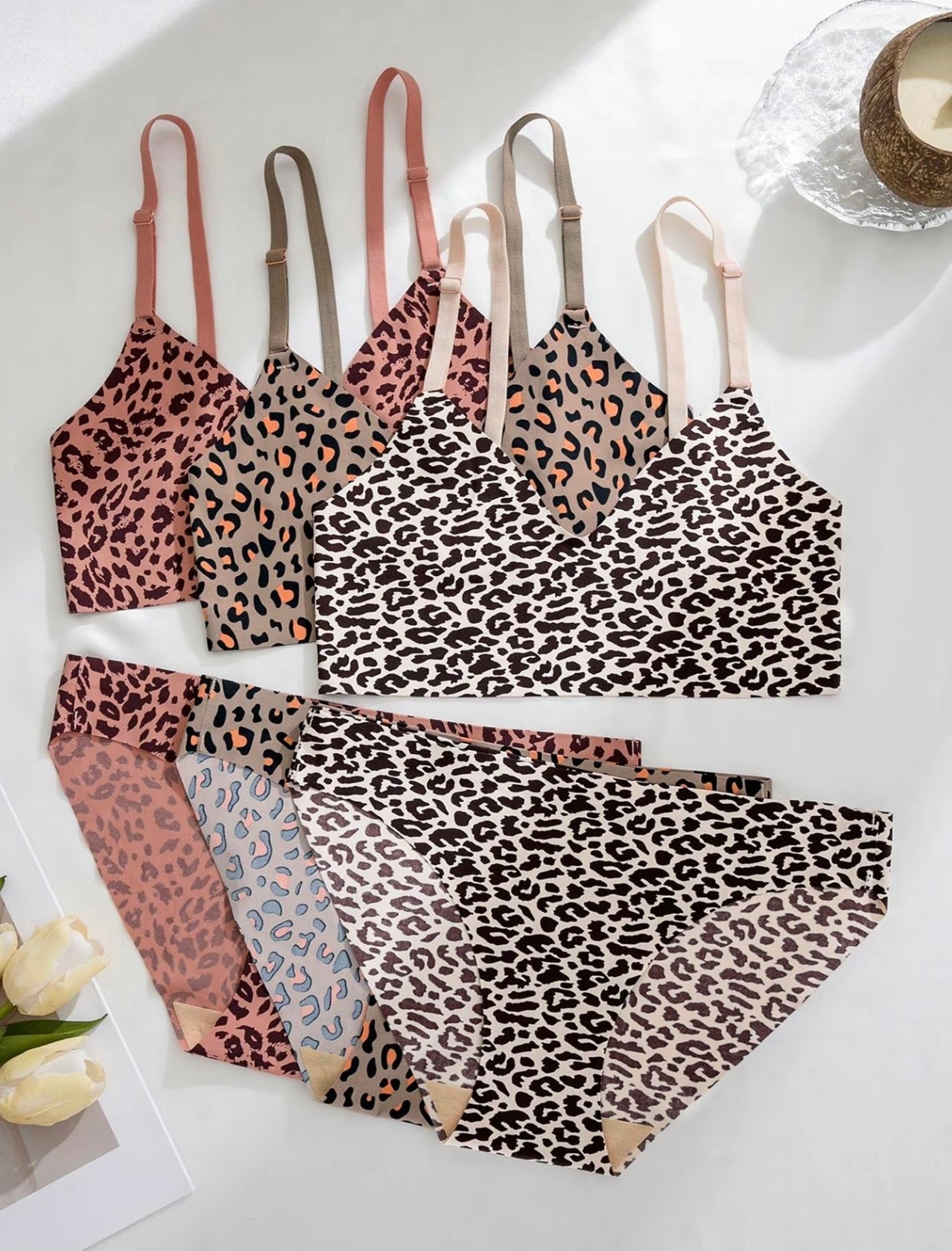 Women’s Leopard Print 3 Bra & 3 Panty Set – Wireless, Adjustable, Comfortable Lingerie for Daily Wear