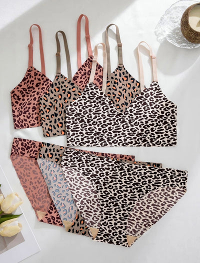 Women’s Leopard Print 3 Bra & 3 Panty Set – Wireless, Adjustable, Comfortable Lingerie for Daily Wear
