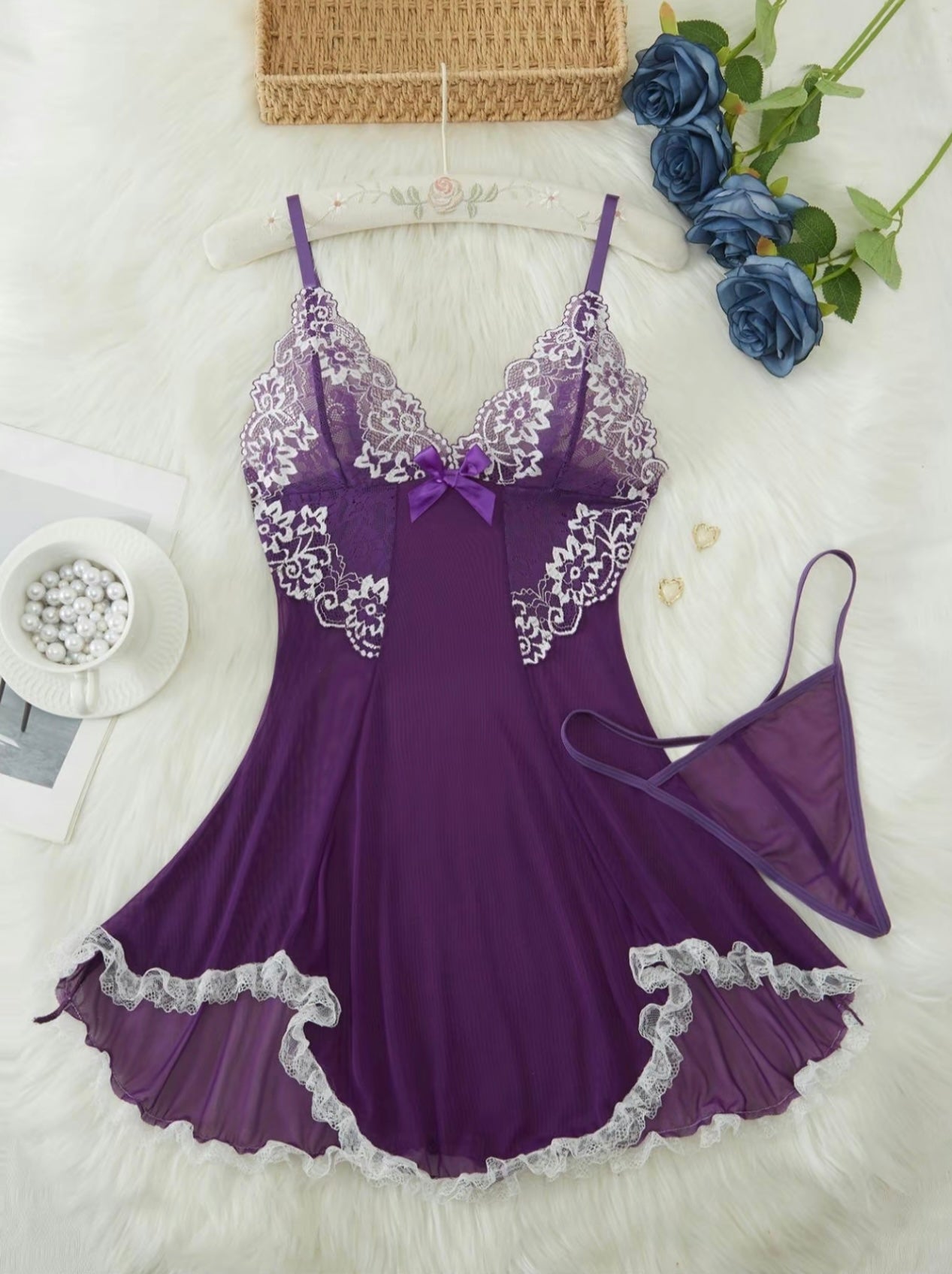 Women’s Contrast Lace Bow Decor Cami Nightdress with Thong - Romantic Spaghetti Strap Backless Nightgown, Sleepwear for All Seasons