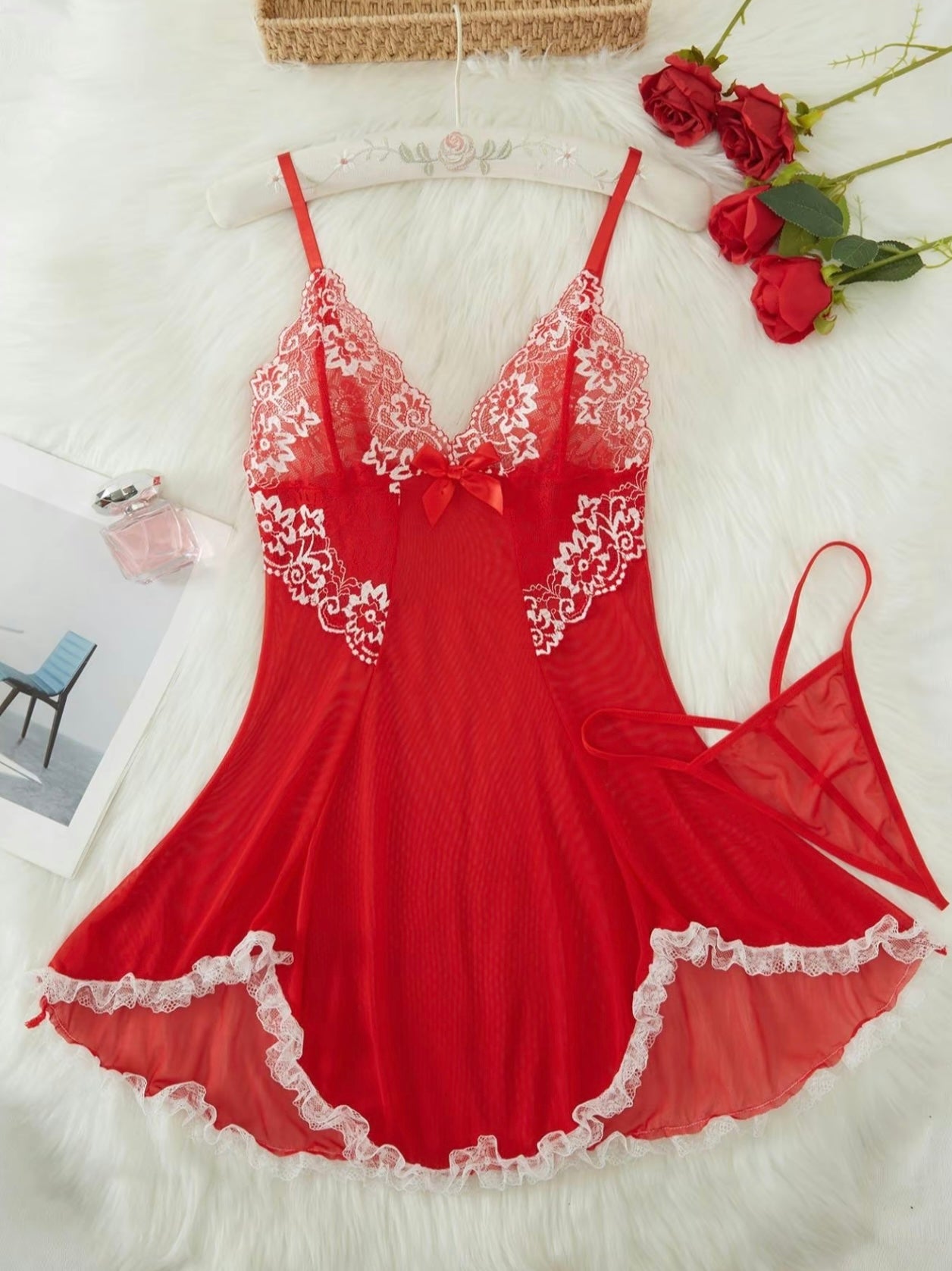Women’s Contrast Lace Bow Decor Cami Nightdress with Thong - Romantic Spaghetti Strap Backless Nightgown, Sleepwear for All Seasons