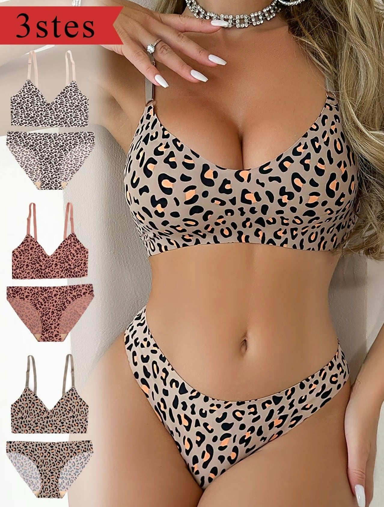 Women’s Leopard Print 3 Bra & 3 Panty Set – Wireless, Adjustable, Comfortable Lingerie for Daily Wear