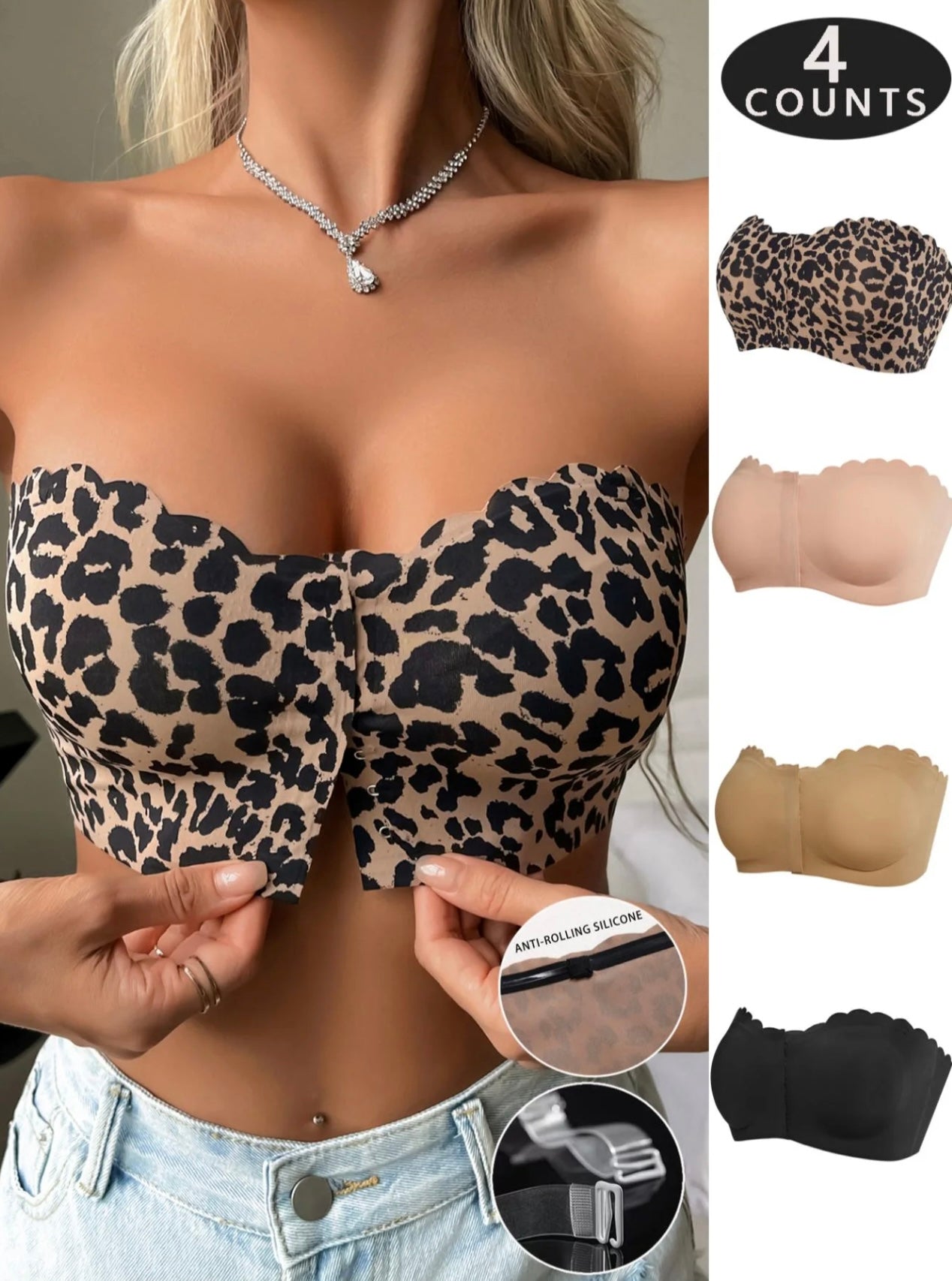 Women’s Leopard Print Wireless Bra 4-Pack – Detachable Padded, Comfortable, Lightweight Lingerie for All Seasons