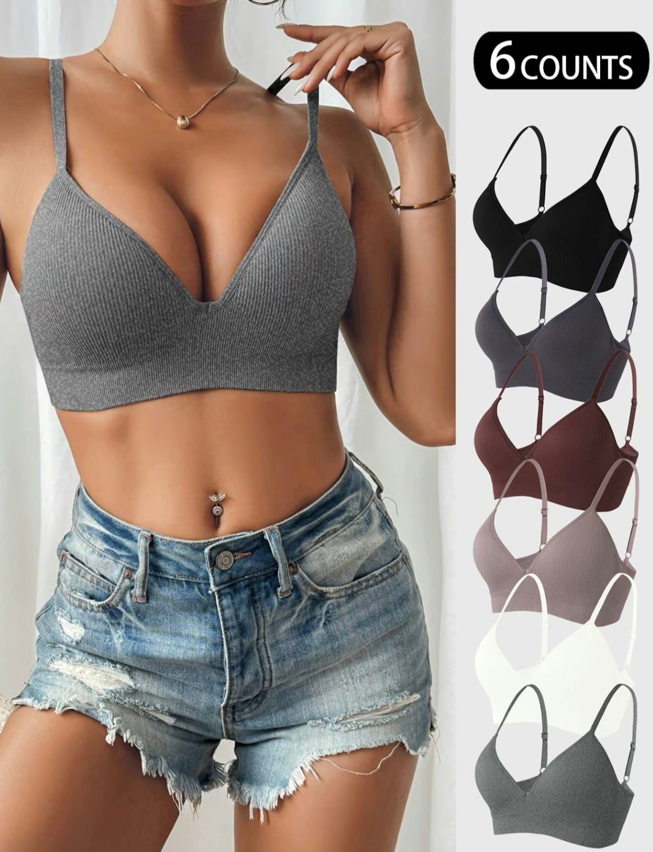Women’s Solid Color Wireless Seamless Bralette 6-Pack – Adjustable Strap, Comfortable Push-Up V-Neck Bra for Daily Wear