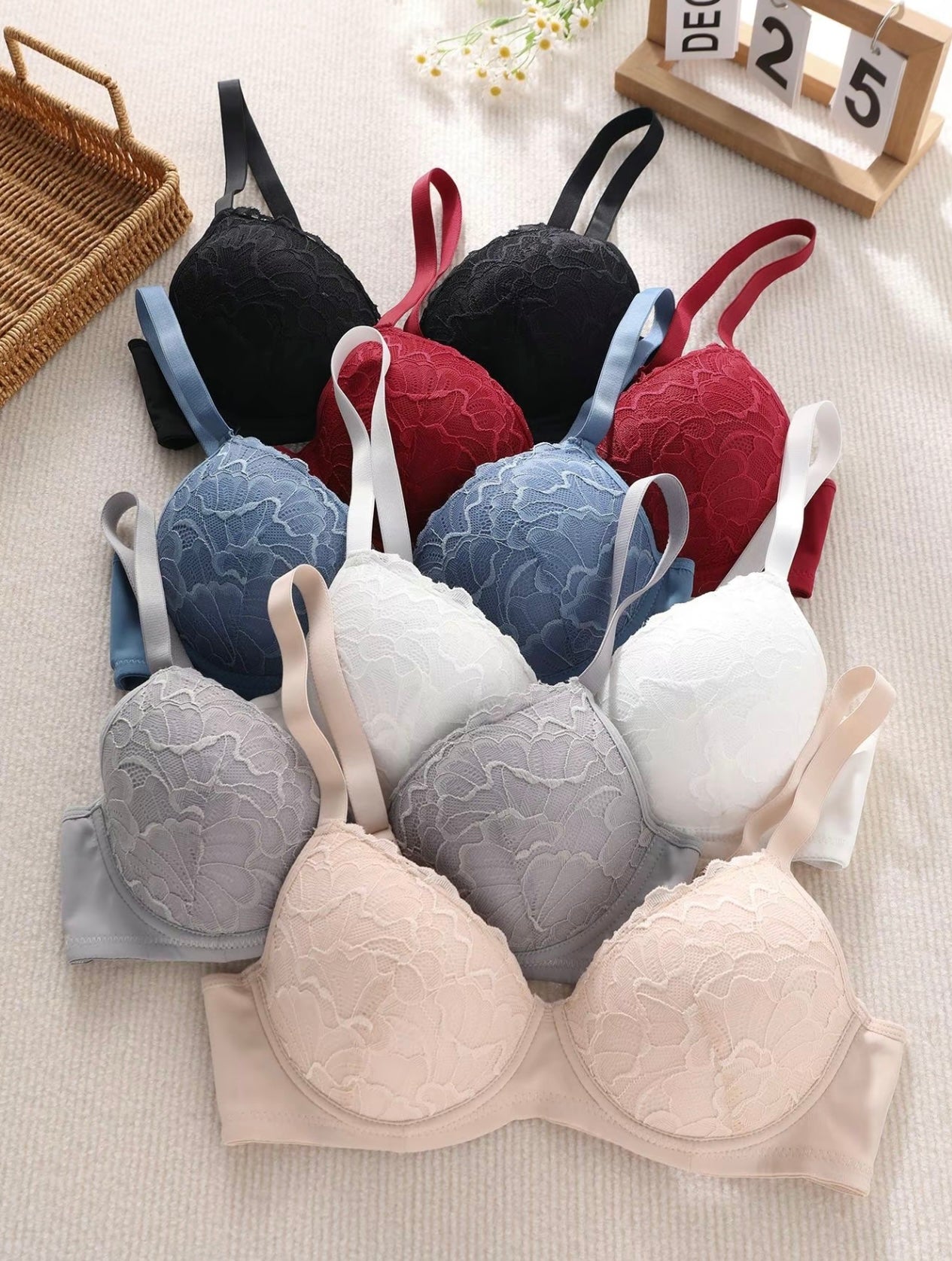 Women’s Contrast Lace Push-Up Bra 6-Pack – Adjustable Strap, Underwire, Comfortable Breathable Lingerie