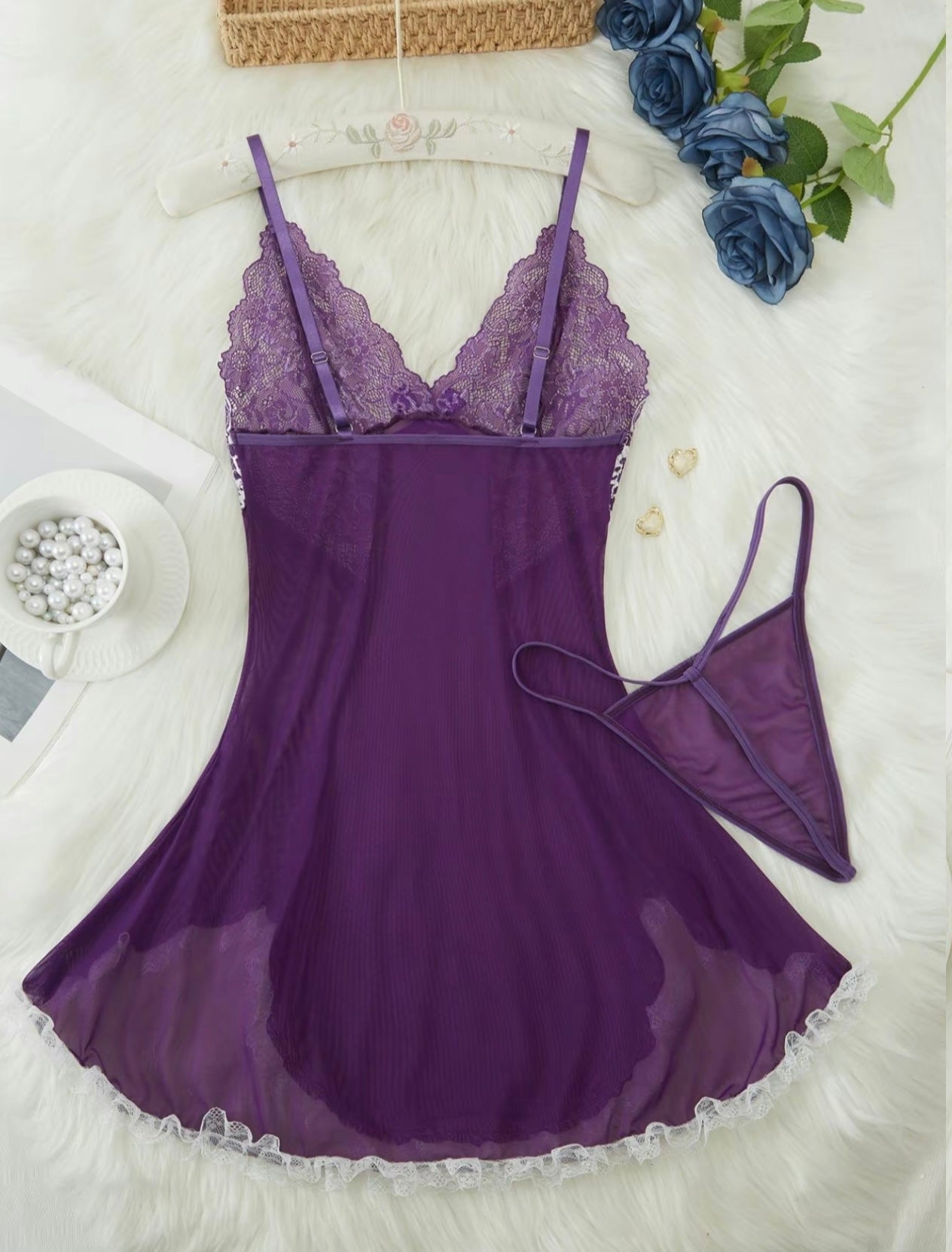 Women’s Contrast Lace Bow Decor Cami Nightdress with Thong - Romantic Spaghetti Strap Backless Nightgown, Sleepwear for All Seasons