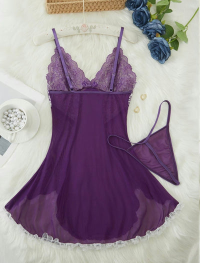 Women’s Contrast Lace Bow Decor Cami Nightdress with Thong - Romantic Spaghetti Strap Backless Nightgown, Sleepwear for All Seasons