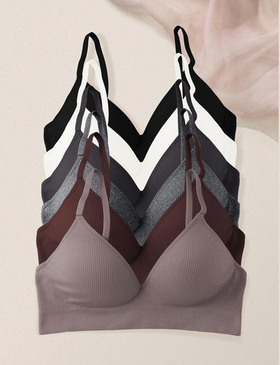 Women’s Solid Color Wireless Seamless Bralette 6-Pack – Adjustable Strap, Comfortable Push-Up V-Neck Bra for Daily Wear
