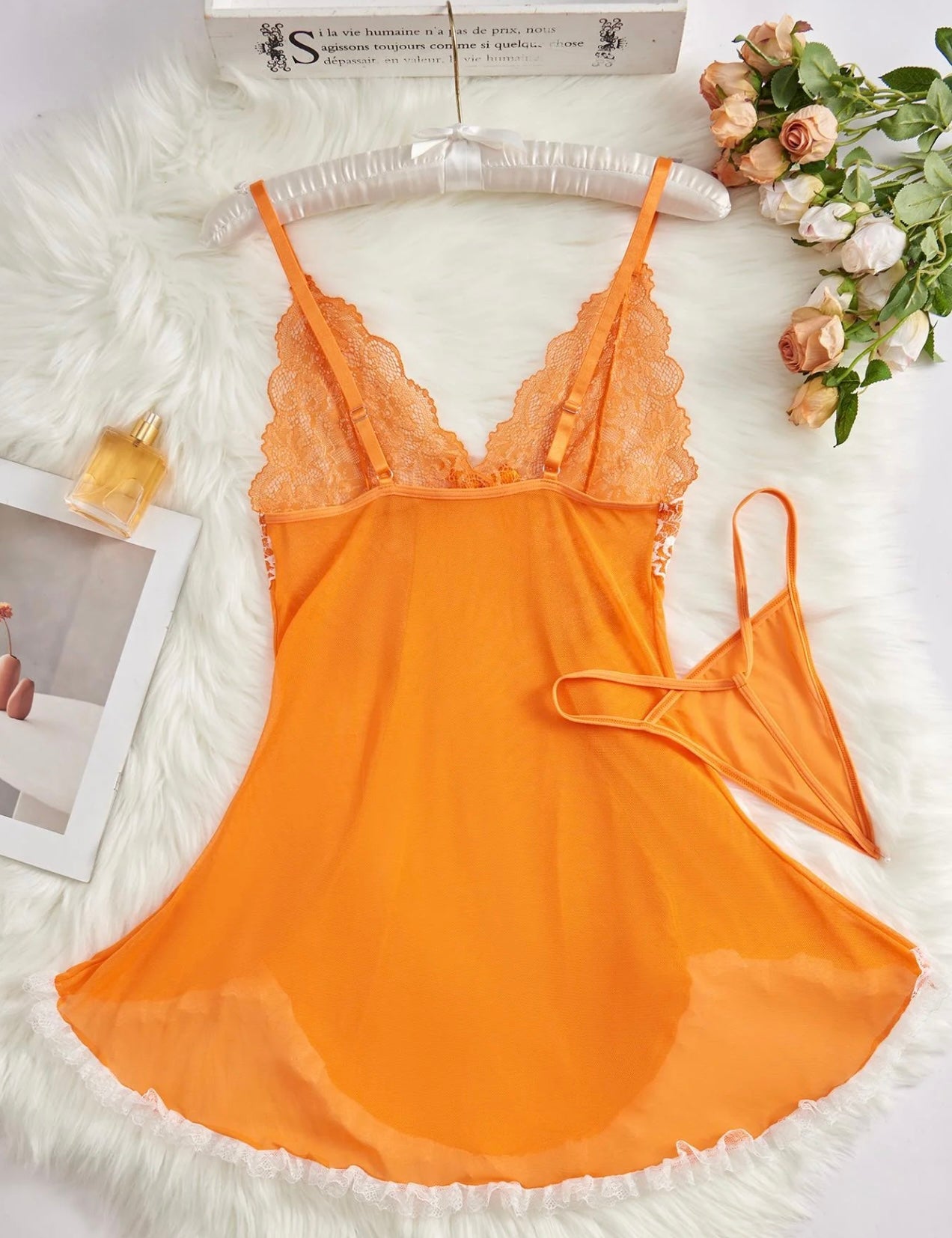 Women’s Contrast Lace Bow Decor Cami Nightdress with Thong - Romantic Spaghetti Strap Backless Nightgown, Sleepwear for All Seasons