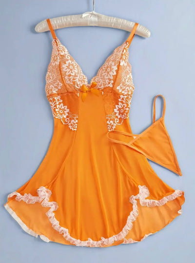 Women’s Contrast Lace Bow Decor Cami Nightdress with Thong - Romantic Spaghetti Strap Backless Nightgown, Sleepwear for All Seasons