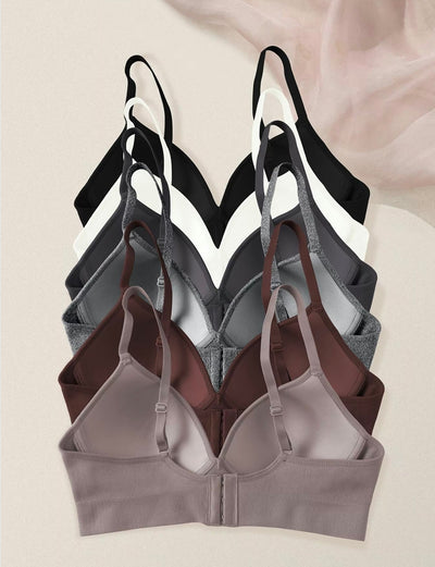 Women’s Solid Color Wireless Seamless Bralette 6-Pack – Adjustable Strap, Comfortable Push-Up V-Neck Bra for Daily Wear
