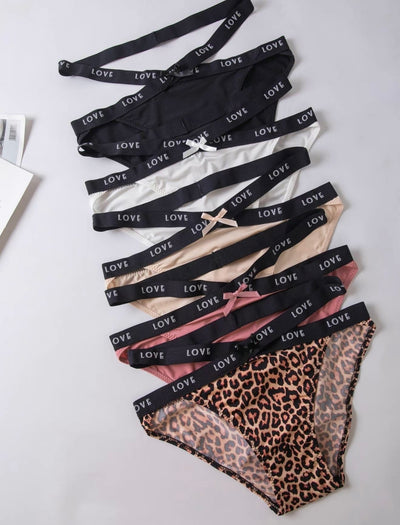 Women’s Leopard Print Letter Tape Knicker - 5-Piece Breathable Bow Front Cut Out Panty Set, Curvy Underwear for All Seasons, Daily Wear