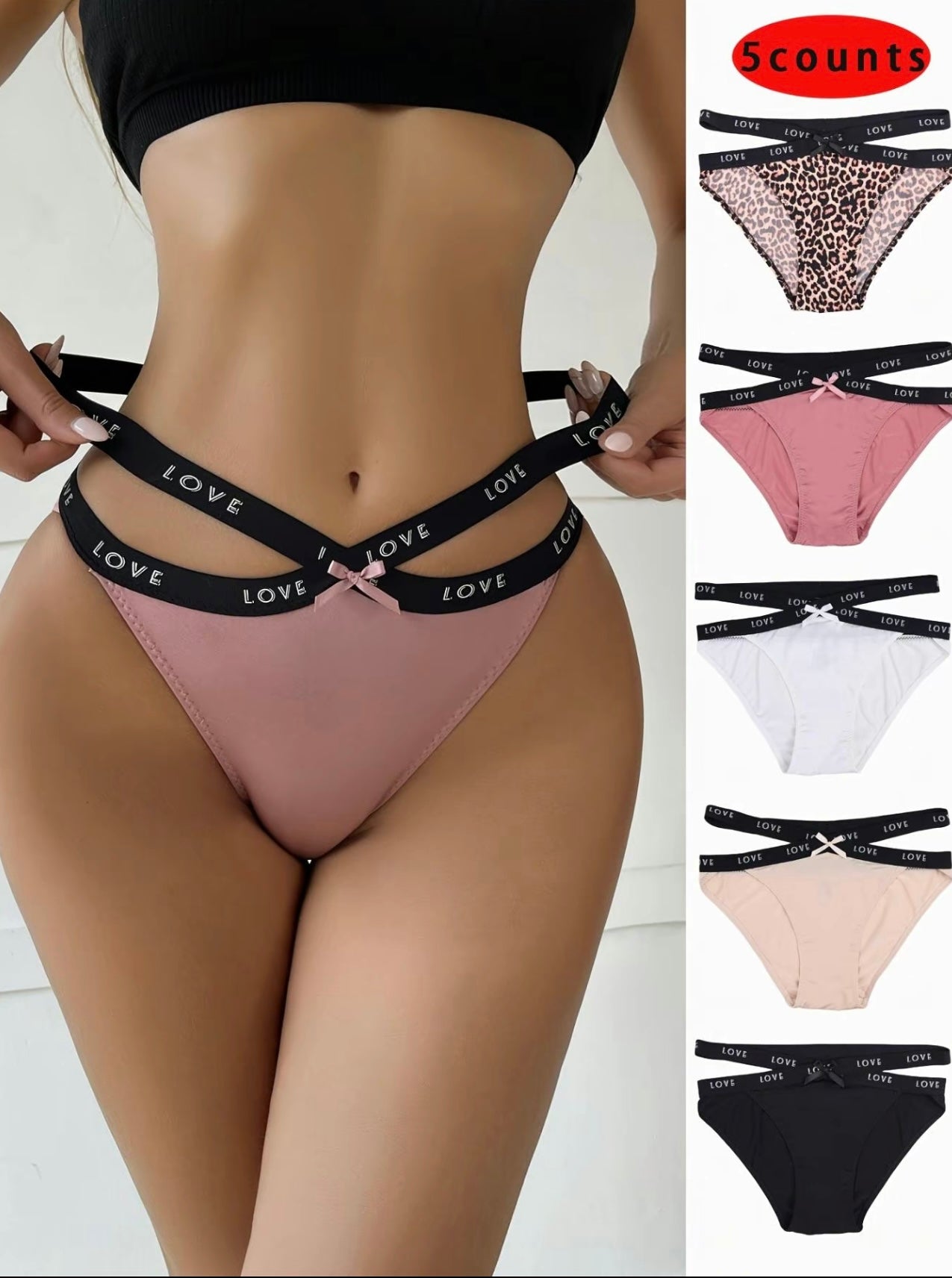 Women’s Leopard Print Letter Tape Knicker - 5-Piece Breathable Bow Front Cut Out Panty Set, Curvy Underwear for All Seasons, Daily Wear
