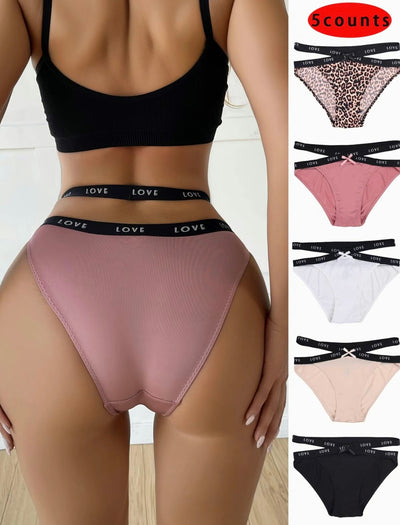 Women’s Leopard Print Letter Tape Knicker - 5-Piece Breathable Bow Front Cut Out Panty Set, Curvy Underwear for All Seasons, Daily Wear
