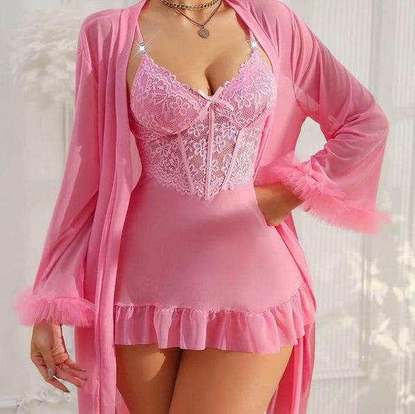 Elegant Maroon 2‑Piece Lace Cami Nightgown & Mesh Robe Set – Fishbone Waist Cinch & Dramatic Wide Sleeves  Sexy Maroon Lace Cami Nightdress + Wide‑Sleeve Fishbone Robe Set – Satin Bow Detail, Semi‑Sheer Elegance