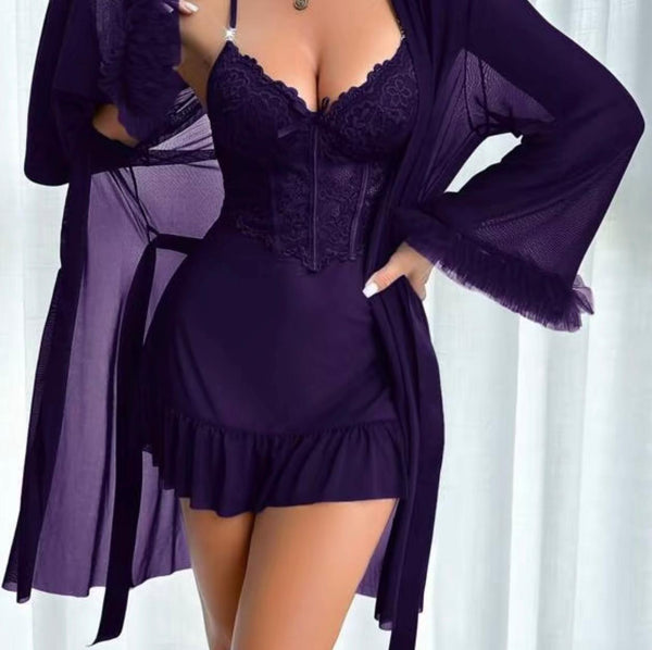 Elegant Maroon 2‑Piece Lace Cami Nightgown & Mesh Robe Set – Fishbone Waist Cinch & Dramatic Wide Sleeves  Sexy Maroon Lace Cami Nightdress + Wide‑Sleeve Fishbone Robe Set – Satin Bow Detail, Semi‑Sheer Elegance