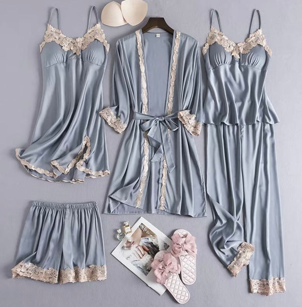 Luxurious 5‑Piece Satin & Lace Pajama Set – Kimono Robe, Camisole, Shorts, Pants & Nightdress  Elegant 5‑Piece Women’s Sleepwear Set – Silky Satin Kimono, Lace Trim Camisole, Shorts, Pants & Nightdress