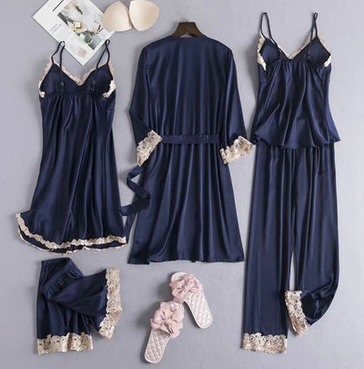 Luxurious 5‑Piece Satin & Lace Pajama Set – Kimono Robe, Camisole, Shorts, Pants & Nightdress  Elegant 5‑Piece Women’s Sleepwear Set – Silky Satin Kimono, Lace Trim Camisole, Shorts, Pants & Nightdress