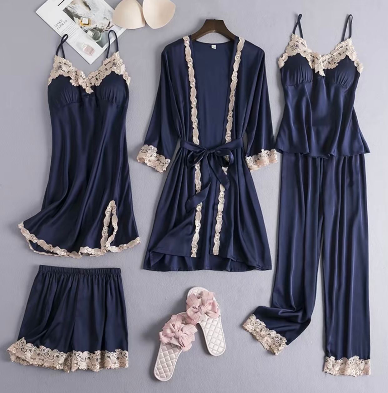 Luxurious 5‑Piece Satin & Lace Pajama Set – Kimono Robe, Camisole, Shorts, Pants & Nightdress  Elegant 5‑Piece Women’s Sleepwear Set – Silky Satin Kimono, Lace Trim Camisole, Shorts, Pants & Nightdress