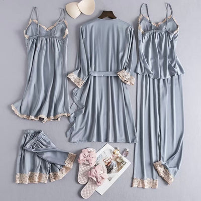 Luxurious 5‑Piece Satin & Lace Pajama Set – Kimono Robe, Camisole, Shorts, Pants & Nightdress  Elegant 5‑Piece Women’s Sleepwear Set – Silky Satin Kimono, Lace Trim Camisole, Shorts, Pants & Nightdress
