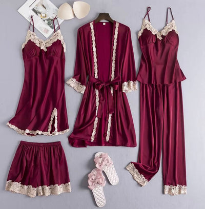 Luxurious 5‑Piece Satin & Lace Pajama Set – Kimono Robe, Camisole, Shorts, Pants & Nightdress  Elegant 5‑Piece Women’s Sleepwear Set – Silky Satin Kimono, Lace Trim Camisole, Shorts, Pants & Nightdress