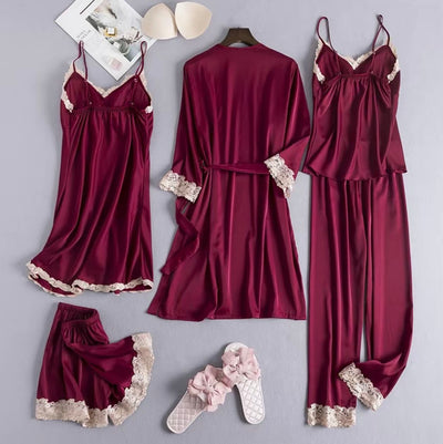 Luxurious 5‑Piece Satin & Lace Pajama Set – Kimono Robe, Camisole, Shorts, Pants & Nightdress  Elegant 5‑Piece Women’s Sleepwear Set – Silky Satin Kimono, Lace Trim Camisole, Shorts, Pants & Nightdress