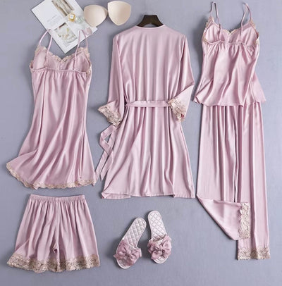 Luxurious 5‑Piece Satin & Lace Pajama Set – Kimono Robe, Camisole, Shorts, Pants & Nightdress  Elegant 5‑Piece Women’s Sleepwear Set – Silky Satin Kimono, Lace Trim Camisole, Shorts, Pants & Nightdress