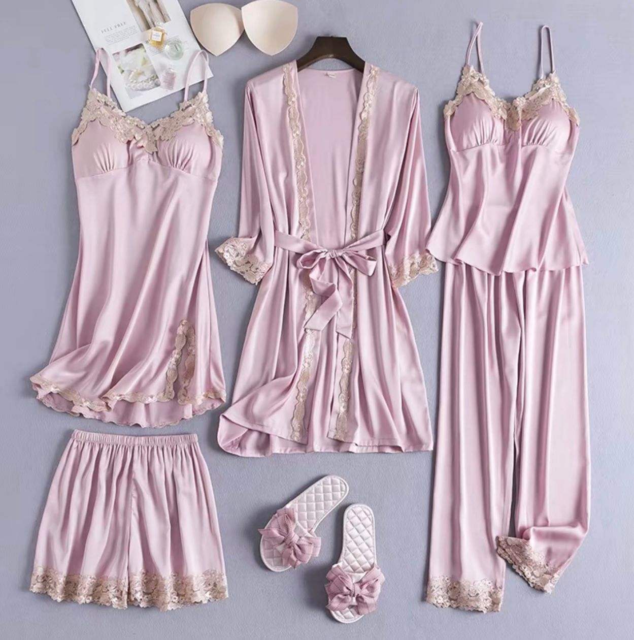 Luxurious 5‑Piece Satin & Lace Pajama Set – Kimono Robe, Camisole, Shorts, Pants & Nightdress  Elegant 5‑Piece Women’s Sleepwear Set – Silky Satin Kimono, Lace Trim Camisole, Shorts, Pants & Nightdress