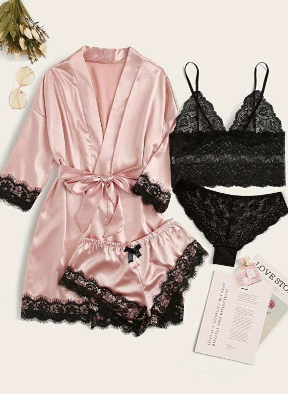 Blush Satin 4-Piece Lace Nightwear Set