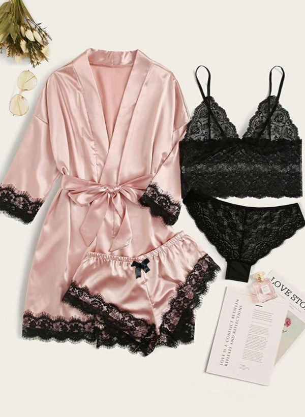 Blush Satin 4-Piece Lace Nightwear Set