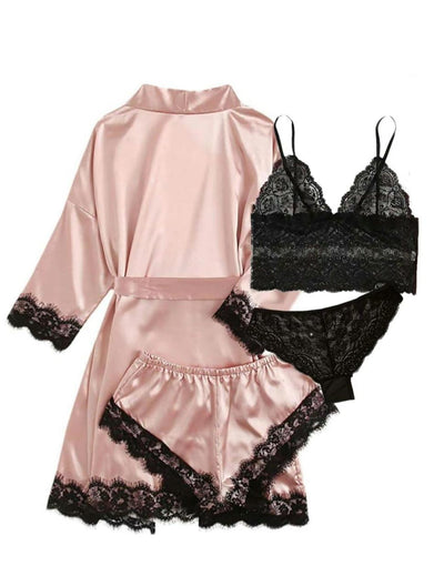 Blush Satin 4-Piece Lace Nightwear Set