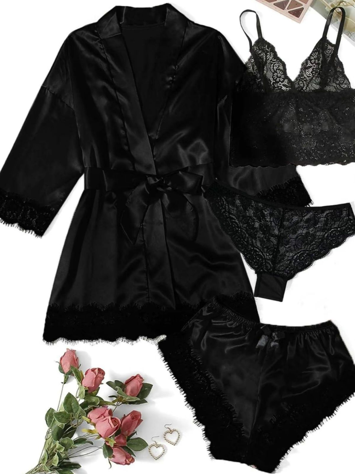 Blush Satin 4-Piece Lace Nightwear Set