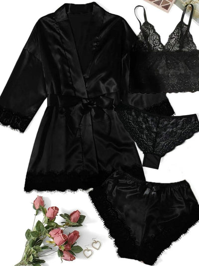 Blush Satin 4-Piece Lace Nightwear Set