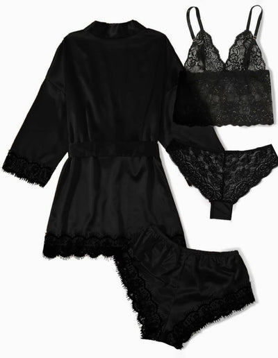 Blush Satin 4-Piece Lace Nightwear Set