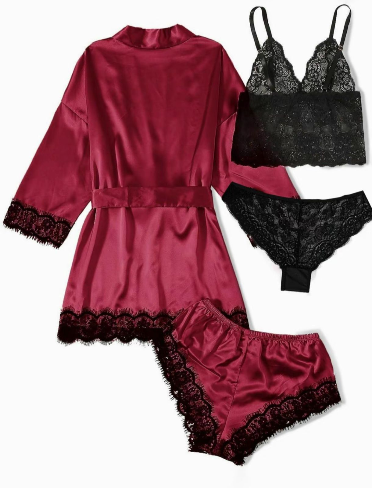 Blush Satin 4-Piece Lace Nightwear Set