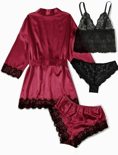Blush Satin 4-Piece Lace Nightwear Set