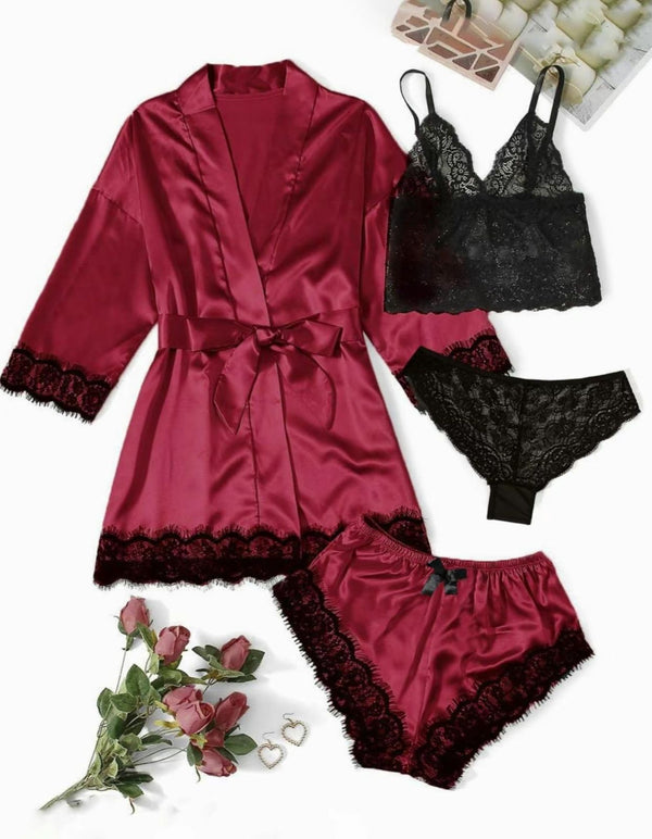 Blush Satin 4-Piece Lace Nightwear Set