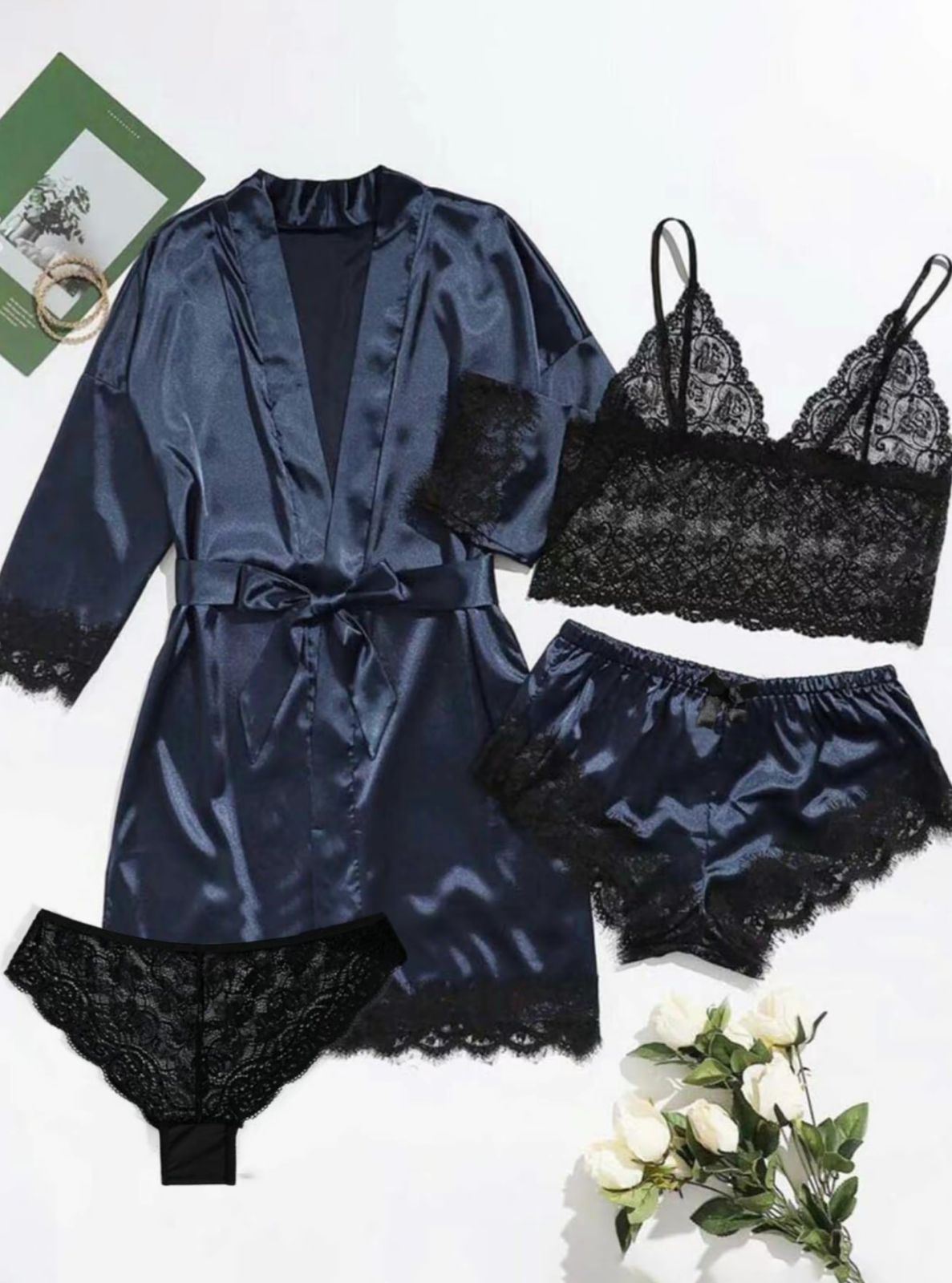 Blush Satin 4-Piece Lace Nightwear Set
