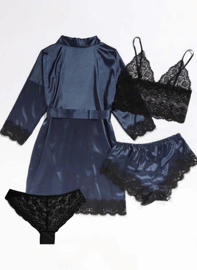 Blush Satin 4-Piece Lace Nightwear Set