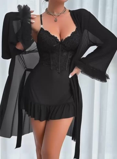 Elegant Maroon 2‑Piece Lace Cami Nightgown & Mesh Robe Set – Fishbone Waist Cinch & Dramatic Wide Sleeves  Sexy Maroon Lace Cami Nightdress + Wide‑Sleeve Fishbone Robe Set – Satin Bow Detail, Semi‑Sheer Elegance
